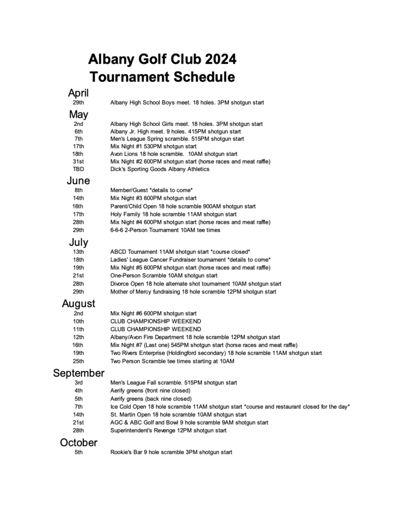 Course/Tournament Schedule - Albany Golf Club